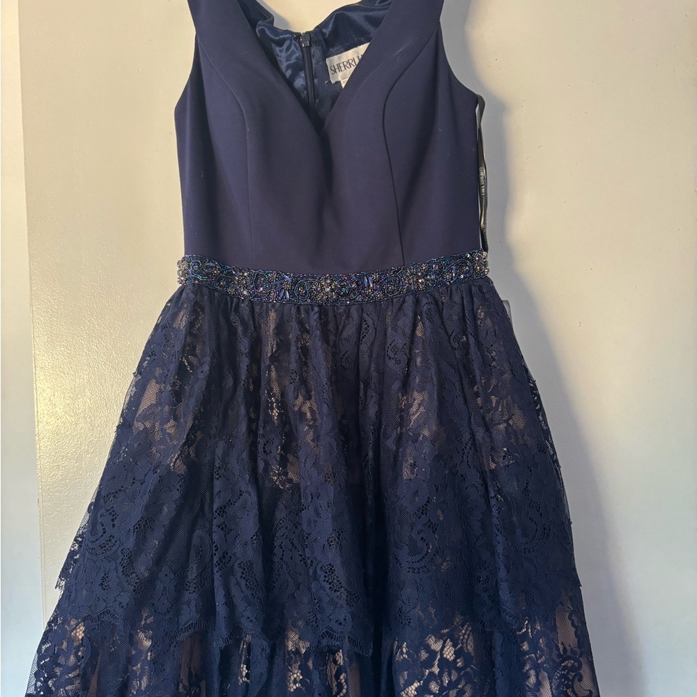 Sherri Hill Blue Fit and Flare Sleeveless V-Neck Dress